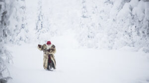 Vemdalen-Storhogna Santa Claus walks in snowy forest